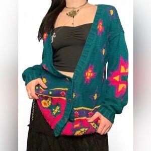 vintage IZOD hand knitted aztec print grandma sweater cardigan